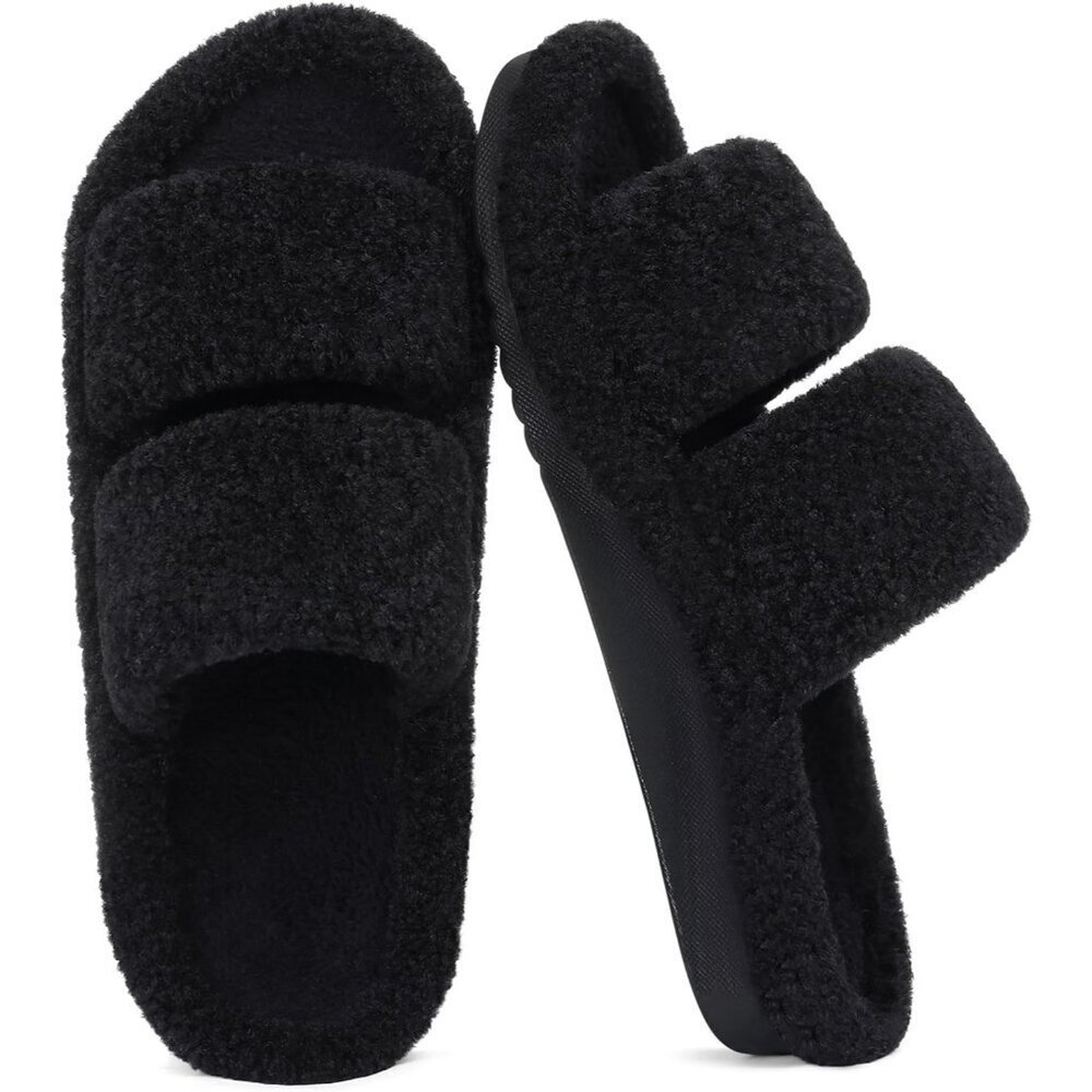 Women's Black Fuzzy House Slippers with Moderate Arch Support Open Toe Cozy - Picture 1 of 6